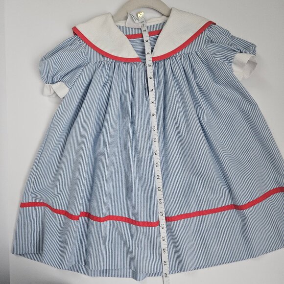 VTG Youngland Nautical Sailor Seersucker Dress Blue & White with Red Trim - Picture 11 of 15
